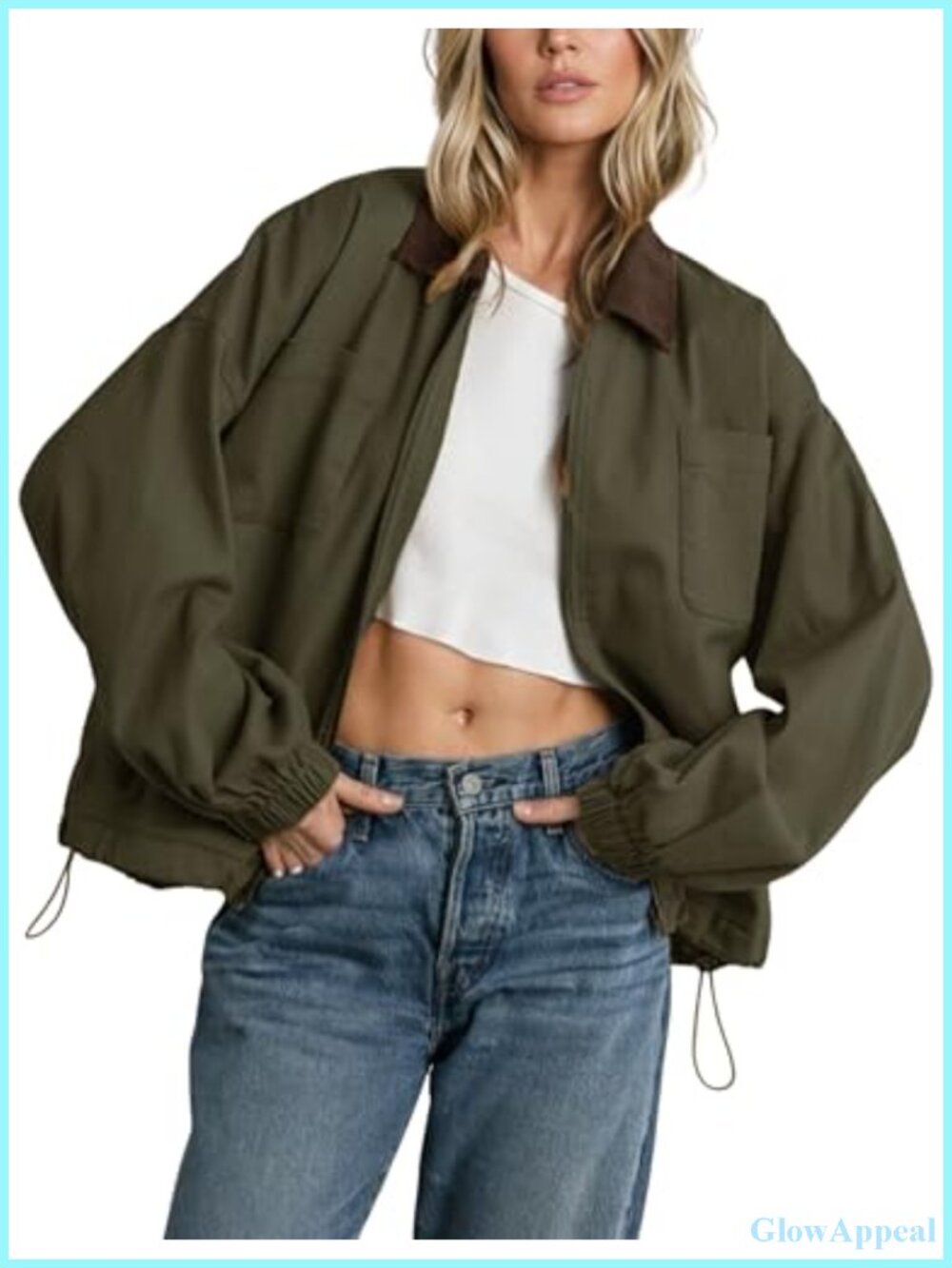 Women's Lightweight Canvas Barn Utility Jacket Corduroy Collar Zip Cinchable Hem